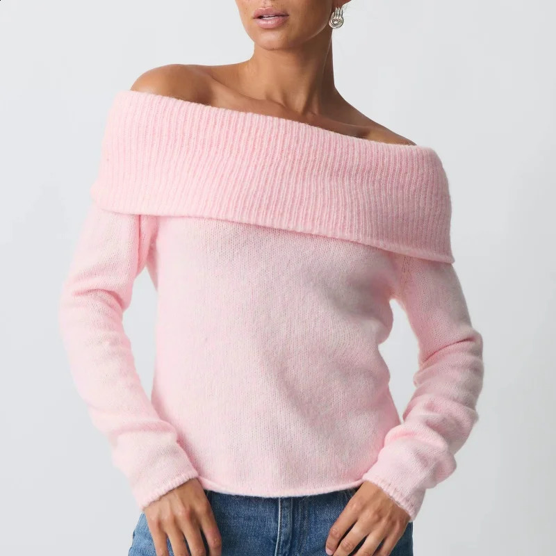 Xingqing Women Sweaters y2k Clothes Elegant Solid Color Off Shoulder Long Sleeve Pullover Crop Tops 2000s Clothing Streetwear 250114