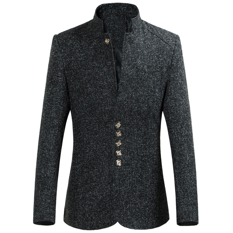 G120Stylish Large Size Men's Suit Set - Autumn Winter Solid Colored Zhongshan Style Jacket with Button Accents