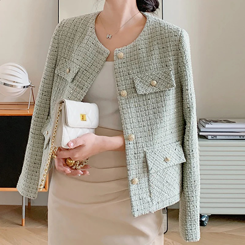 HELIAR Women Tweed Single Breasted Elegant Cardigan Coat Long Sleeve Plaid Pockets Office Jacket Warm Outerwear Autumn Winter 250109