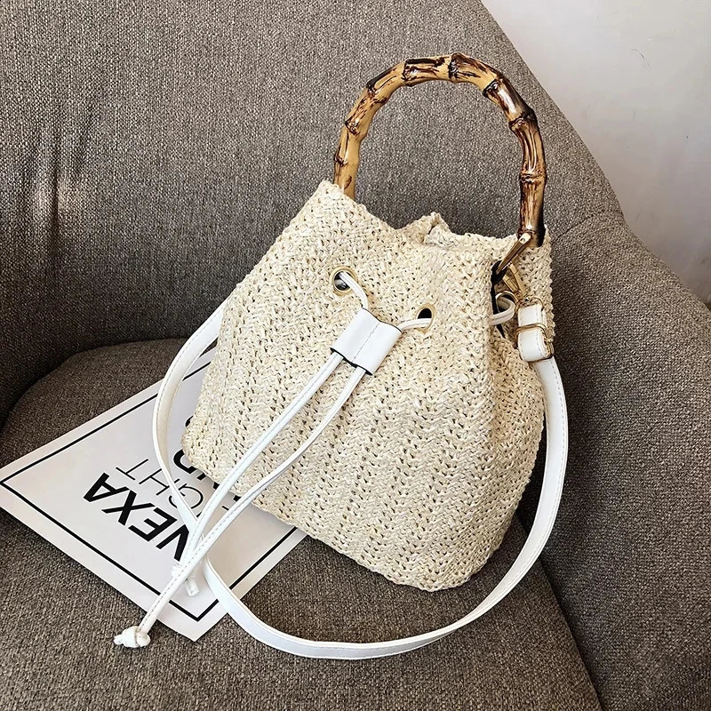 Female Summer Handmade Woven Shoulder Messenger Bags Women Drawstring Straw Bucket Bag Ladies Shopping Purse Beach Bags Handbags 250121
