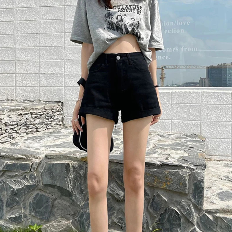 Summer Women High Waist Button Wigh Leg Jeans Shorts Casual Female Loose Blue Denim Shorts Black White 250118