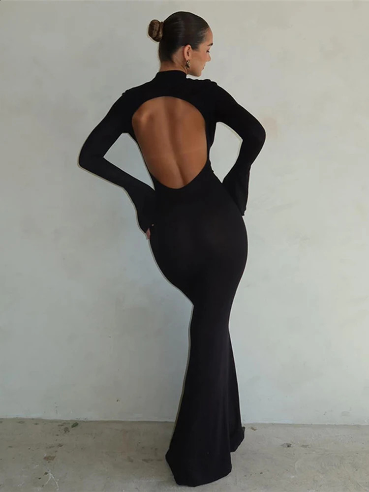 Autumn Winter Backless Sexy Party Club Black Bodycon Maxi Dresses Outfits for Women Long Sleeve Y2K Dress Vestido Streetwear 250110Z