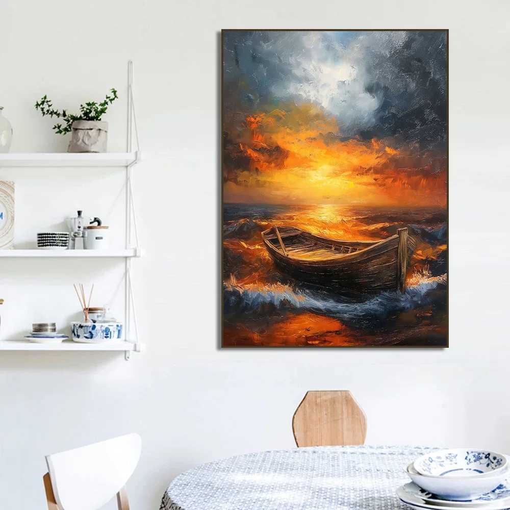 Lighthouse Storm Sunset Poster Print Flower Waves Boat Sea Ocean Canvas Painting for Living Ro He Decor Cuadros Y250122
