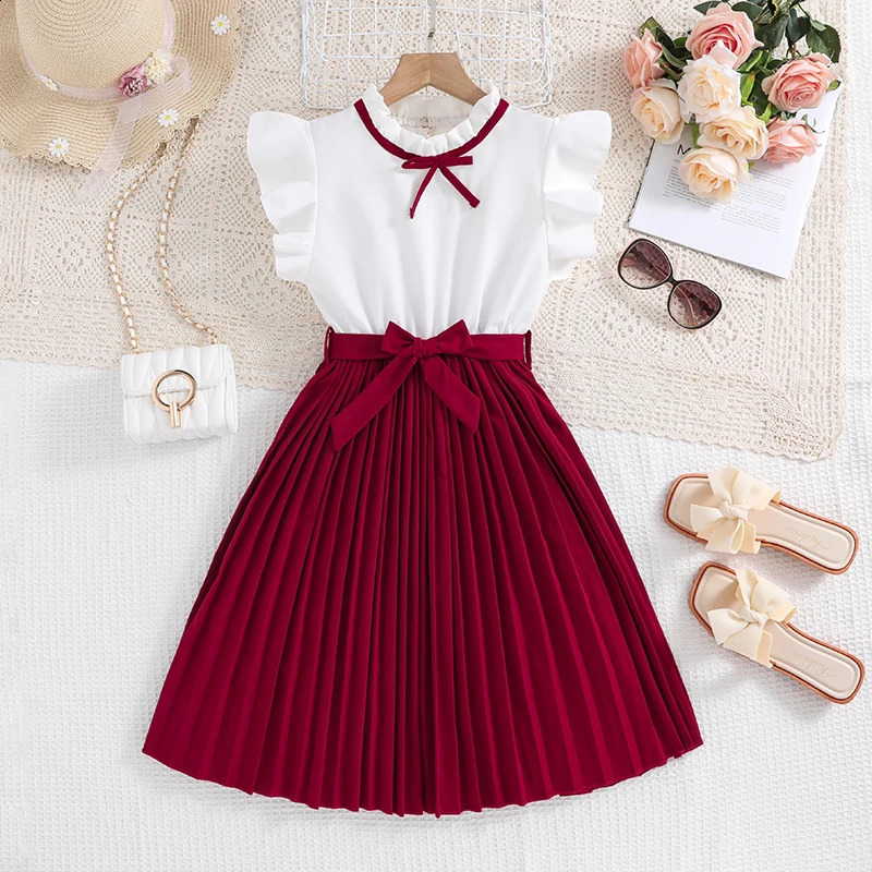 Kids Dress For Girls White Petal Sleeves Pleated Khaki Skirt Bow tie Preppy Style Elegant Birthday Party Clothes For 8-12 Years 250304