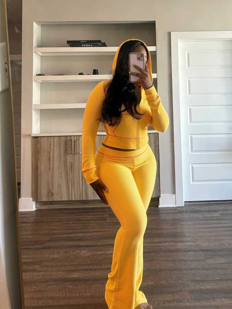 Women's Two Piece Pants Waffle Striped Women Outfits Hooded Tops and Flare Pants Suits 2024 Fall Lounge Wear Strt Baddies Tracksuit 2 Two Piece S