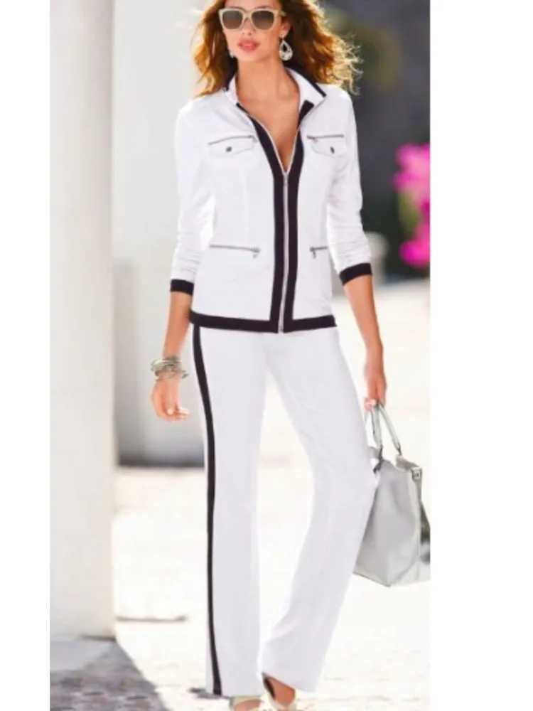 Women's Two Piece Pants Autumn and winter new solid color casual two-piece elegant womens ultra-thin simple zipper top straight sports pants set 