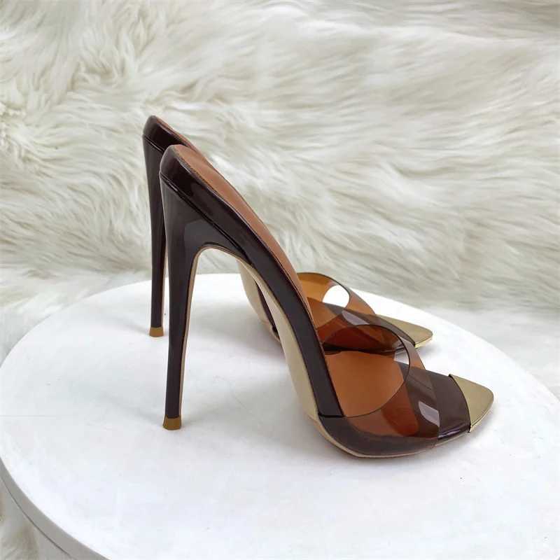 Sexy Keshangjia 12Cm Pointy Color Pvc Slippers High Heel Sandals Wen Brown Stiletto H Lady Shoes Fem Big Size 44-46 Z250122