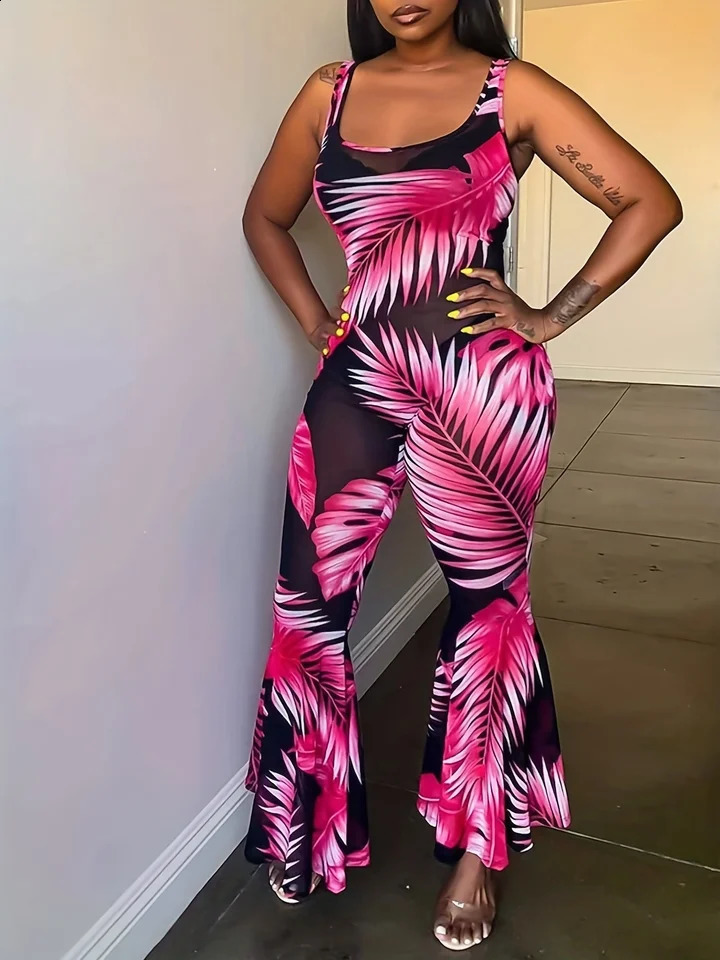 Plus Size Jumpsuit Suspender Sexy Sleeveless Backless Printed High Waist Mesh Transparent Flared Jumpsuit Women 250113