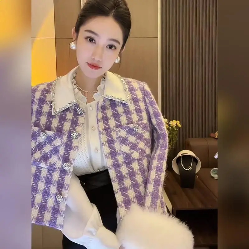 KUSAHIKI Autumn Tweed Women Jackets Fashion Purple Turn-down Collar Elegant Caridgan Coat Korean Chic Outwear Tops 250109