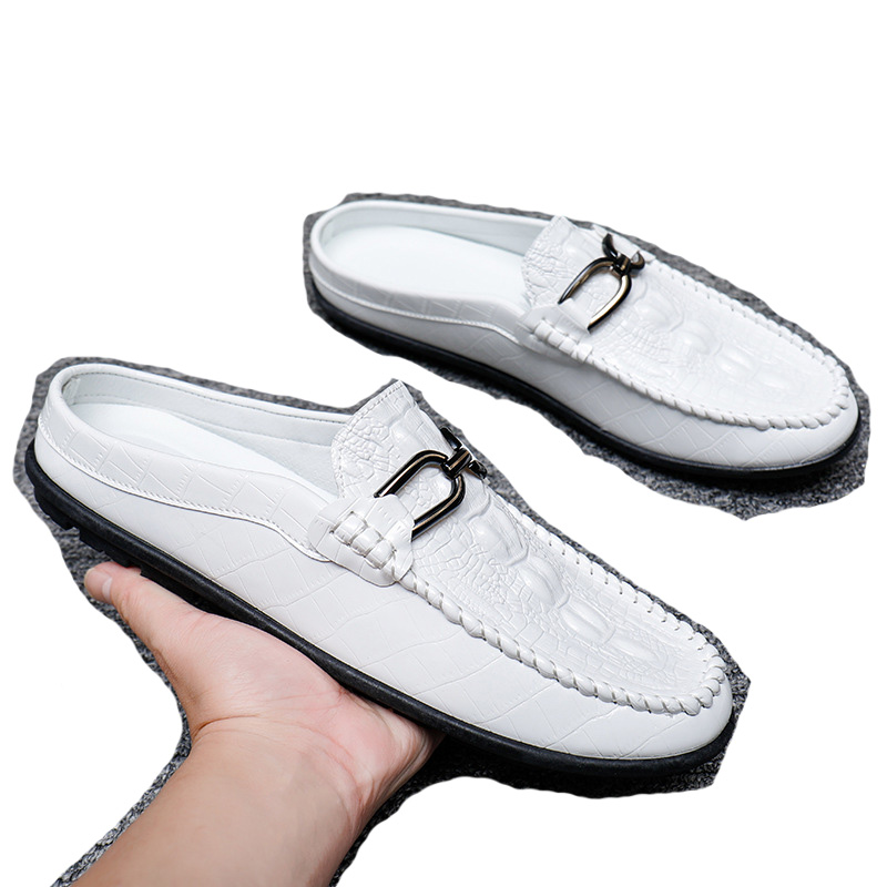 Men's summer half-drag peas Leather shoes Lazy slip-on leather shoes heelless breathable casual men's shoes 2025