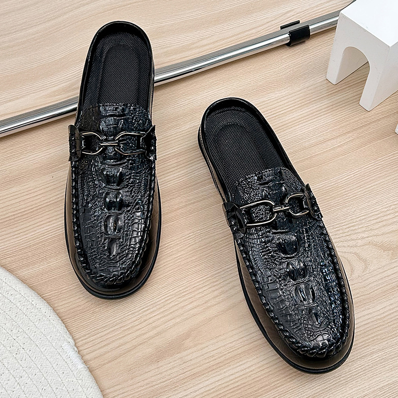 Men's summer half-drag peas Leather shoes Lazy slip-on leather shoes heelless breathable casual men's shoes 2025