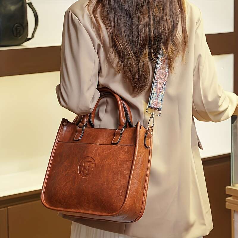 Solid color handbag, fashionable PU leather bag, Bohemian wide shoulder strap women's crossbody bag
