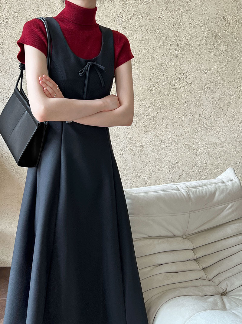F3210 Korean style bow vest dress for women, new spring style, slim waist, can be worn as a long skirt