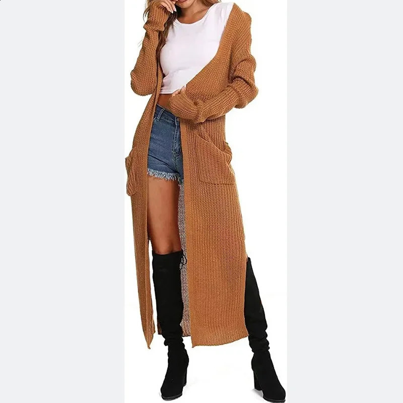 Women Solid Color Loose Cardigan Knitted Sweater 2023 Autumn Winter Coat Long Sleeve Pocket 250109Z