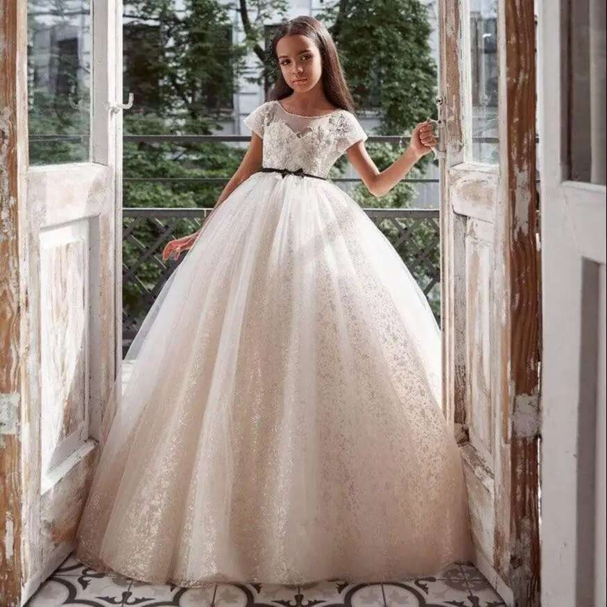 Cap Sleeves Wer Girl For Weddings Ball Gown Tulle Appliques Long First Communion Dresses Little Baby Kids Customized 6660311