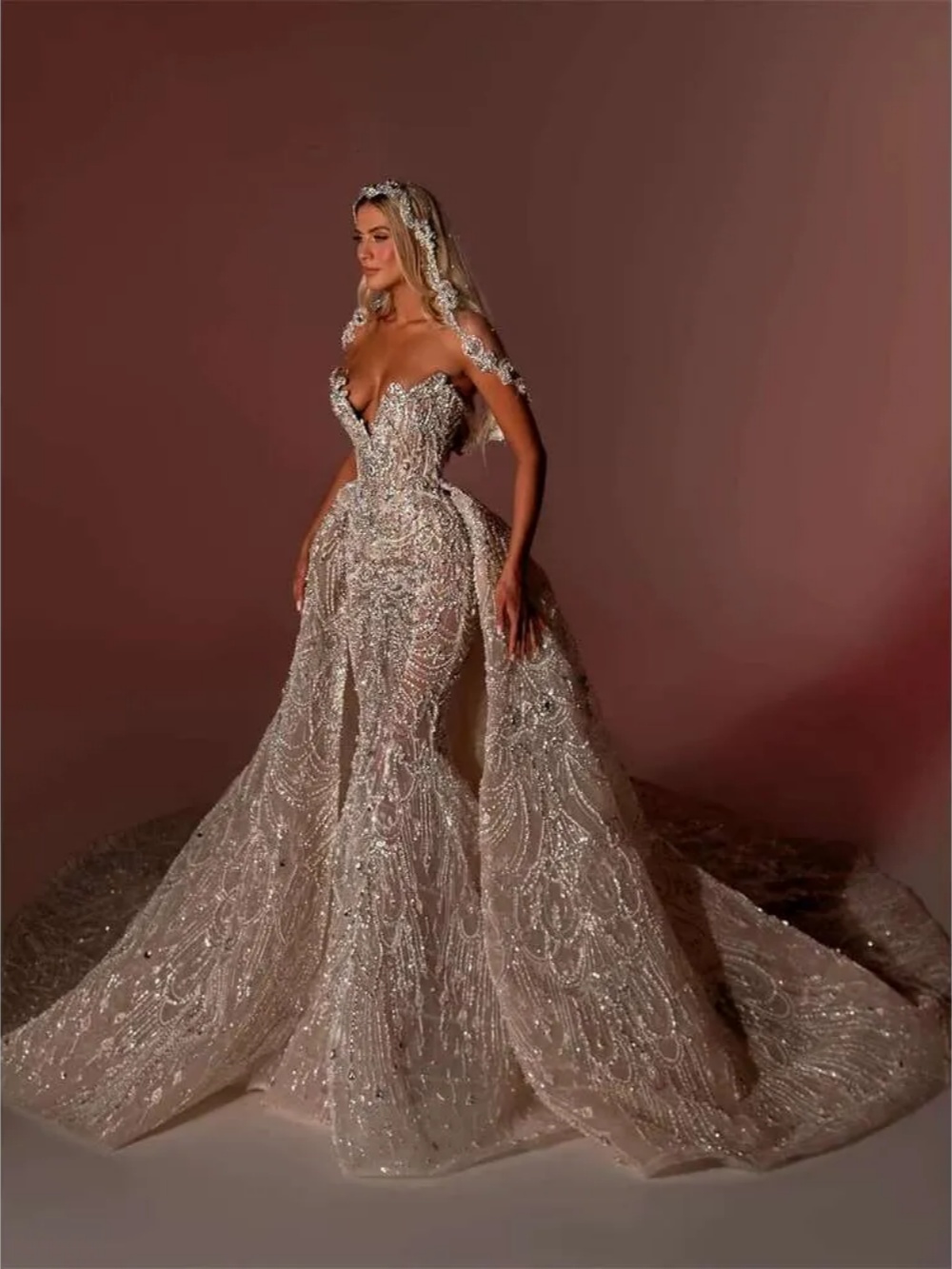 Luxury Mermaid Wedding Dress Beading Crystal Sequins Strapless Bride Gown Lace Detachable Sweep Train Bridal Dresses Customized