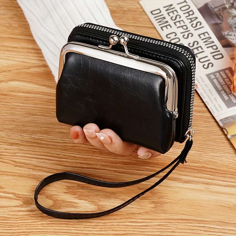 Mini credit card holder, retro kiss button coin purse, women's fashionable wallet and wrist bag