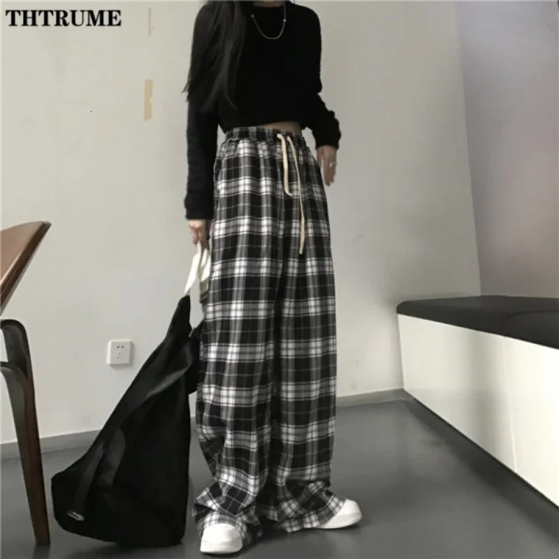 Fashion Oversized Drawstring Baggy Pants Women Black Plaid High Waist Unisex Hip Hop Pant Casual Loose Sweatpants Chic Trousers 250122