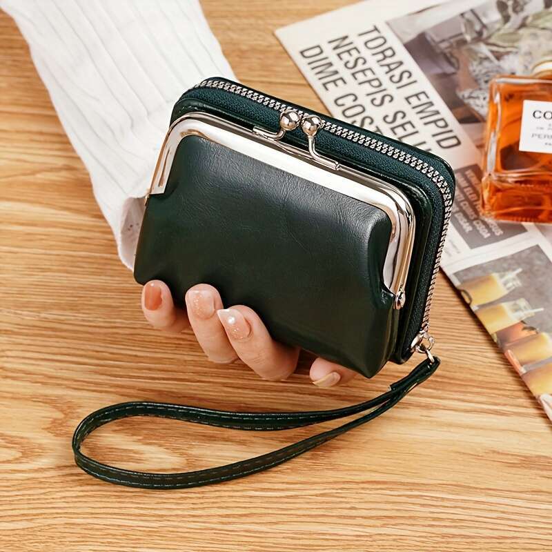 Mini credit card holder, retro kiss button coin purse, women's fashionable wallet and wrist bag