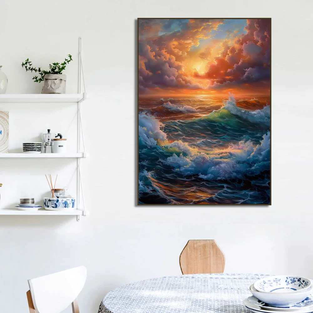 Lighthouse Storm Sunset Poster Print Flower Waves Boat Sea Ocean Canvas Painting for Living Ro He Decor Cuadros Y250122