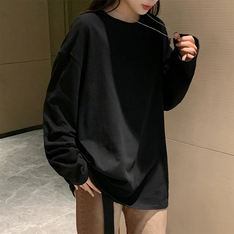 Women Long Sleeve Cotton O-Neck T-ShirtCasual Loose Tops Solid Color Pullover Tee Shirts 250121