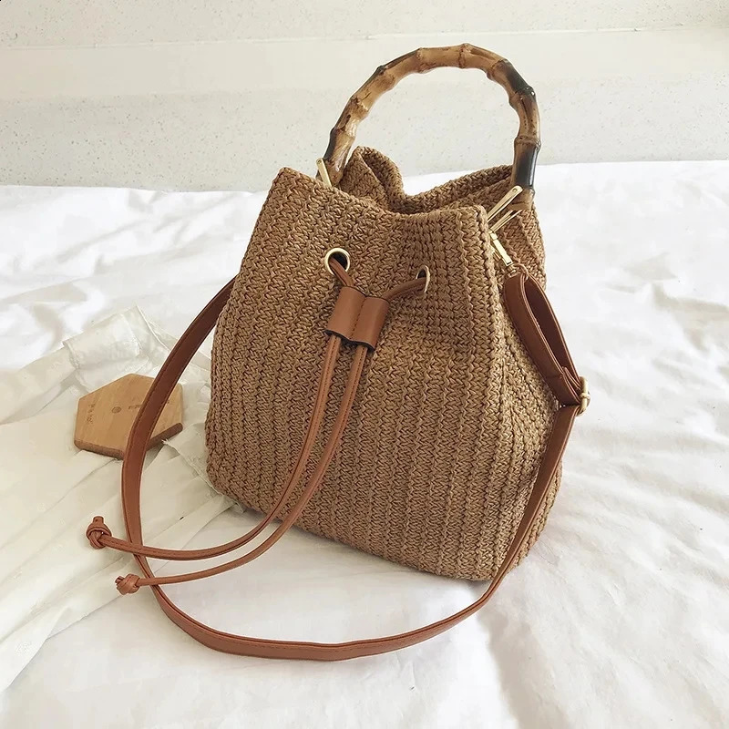 Female Summer Handmade Woven Shoulder Messenger Bags Women Drawstring Straw Bucket Bag Ladies Shopping Purse Beach Bags Handbags 250121