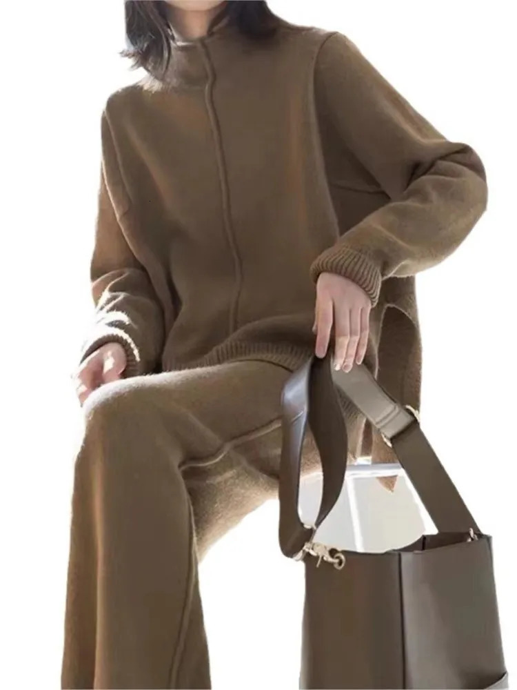 Elegant Knitted Two Piece Sets Womens Casual O-neck Knit Pullovers Loose Pants Female Suits Autumn Winter Fashion Lady Outfits 250116