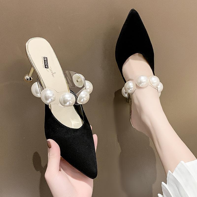 Women Slippers Pointed Toe Fashion Pearl Design Sense Versatile Triple Black Beige Free shipping