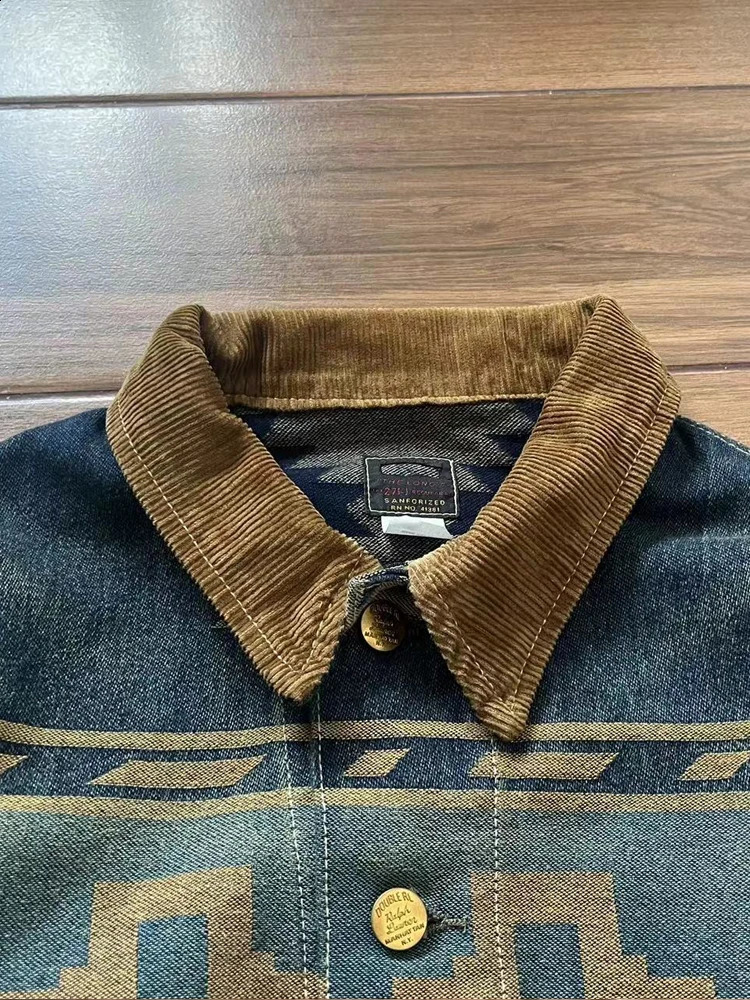 RRL 30th Anniversary Western Style Jacquard Heavy Washed Denim Jacket American Retro Coat Corduroy Collar 250121