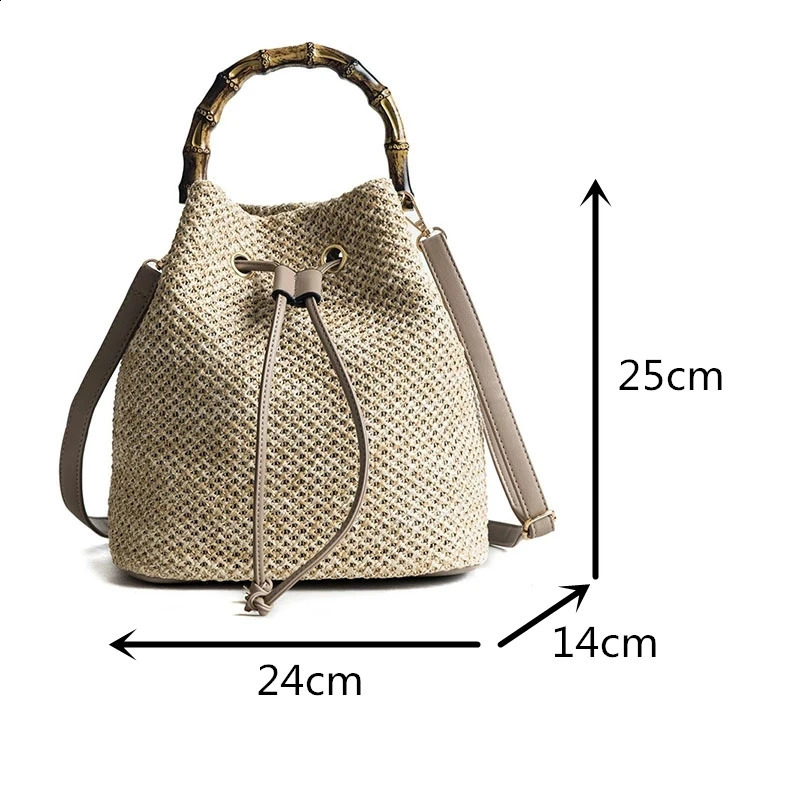 Female Summer Handmade Woven Shoulder Messenger Bags Women Drawstring Straw Bucket Bag Ladies Shopping Purse Beach Bags Handbags 250121