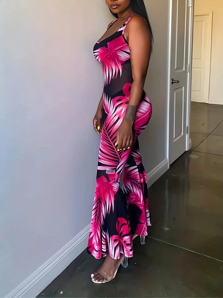 Plus Size Jumpsuit Suspender Sexy Sleeveless Backless Printed High Waist Mesh Transparent Flared Jumpsuit Women 250113