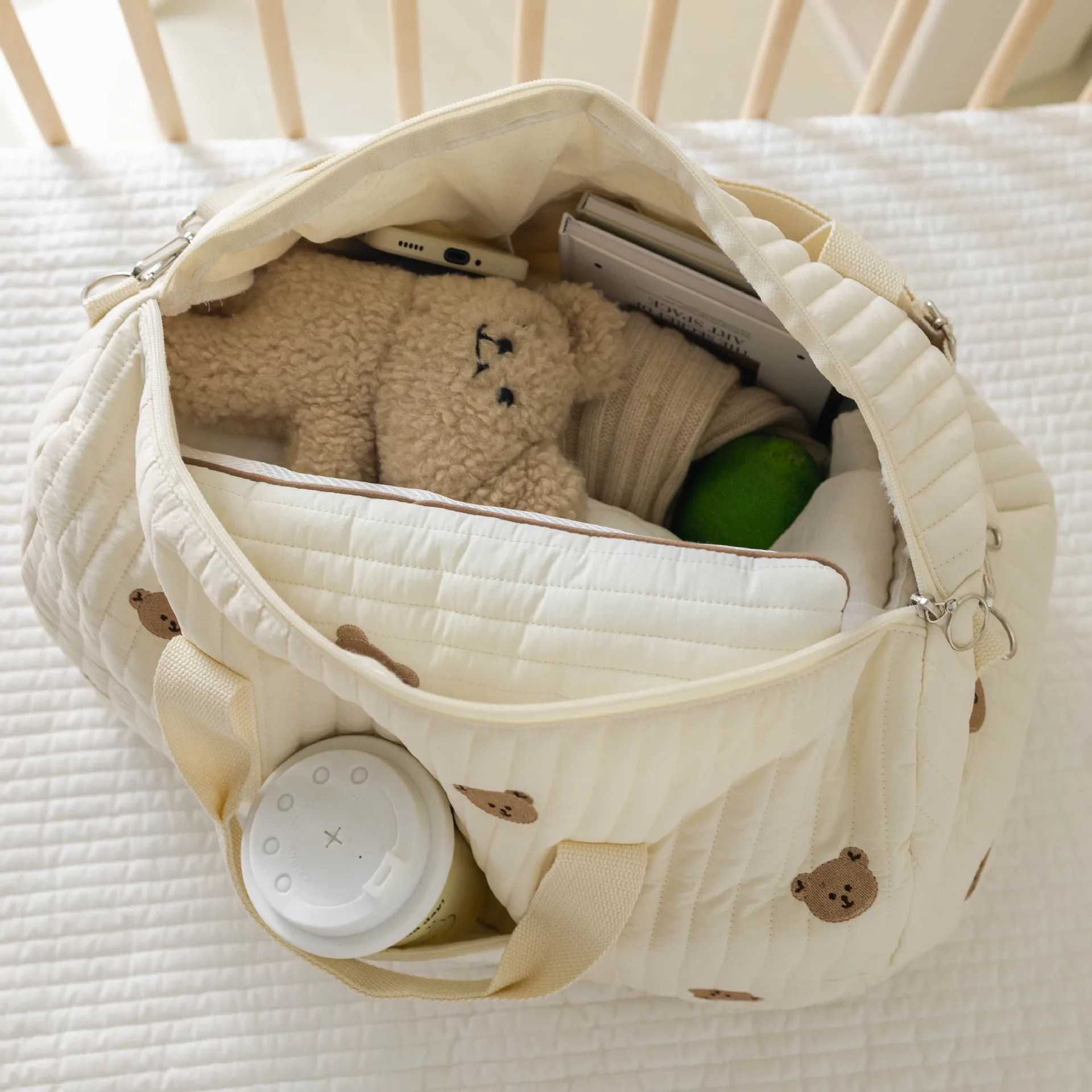 Little Bear Embroidered Handheld Shoulder Bag Cute Cartoon Large Capacity Mother Baby Parent Child Single Shoulder Bag Mommy BagC250326