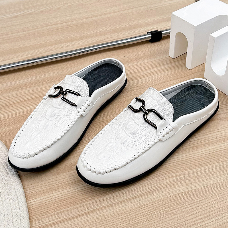 Men's summer half-drag peas Leather shoes Lazy slip-on leather shoes heelless breathable casual men's shoes 2025