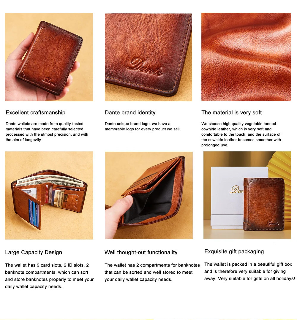 Dante Mens Leather Wallet RFID Anti-theft Brush Head Layer Cowhide Retro Casual Vertical Multi-Function Money Bag Money Clips 250118