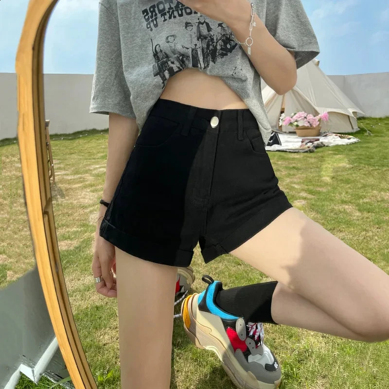 Summer Women High Waist Button Wigh Leg Jeans Shorts Casual Female Loose Blue Denim Shorts Black White 250118