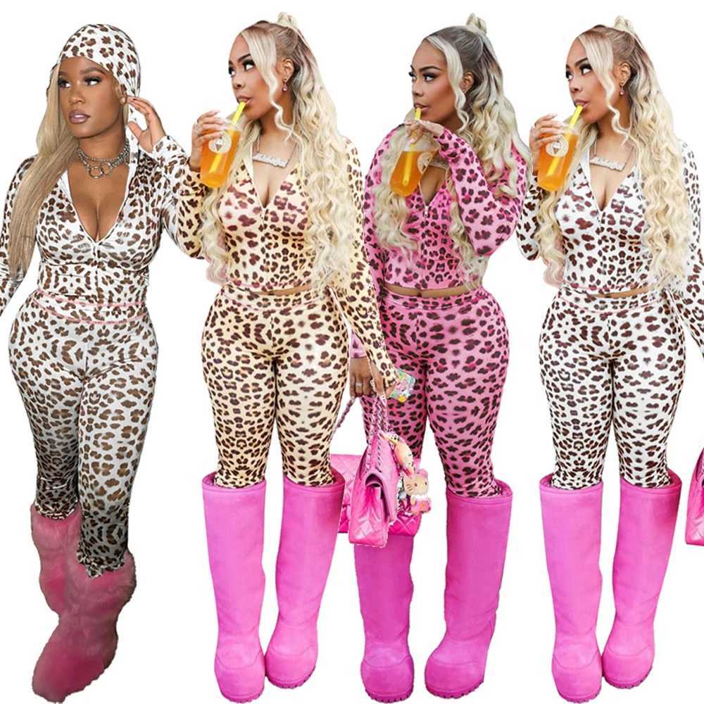 Women's Two Piece Pants Leopard Print Two Piece Set Women Spring 2025 Strt Clothing Y2k Fashion Tracksuit Long Slve Zip Hoodie Crop Tops Pants Se