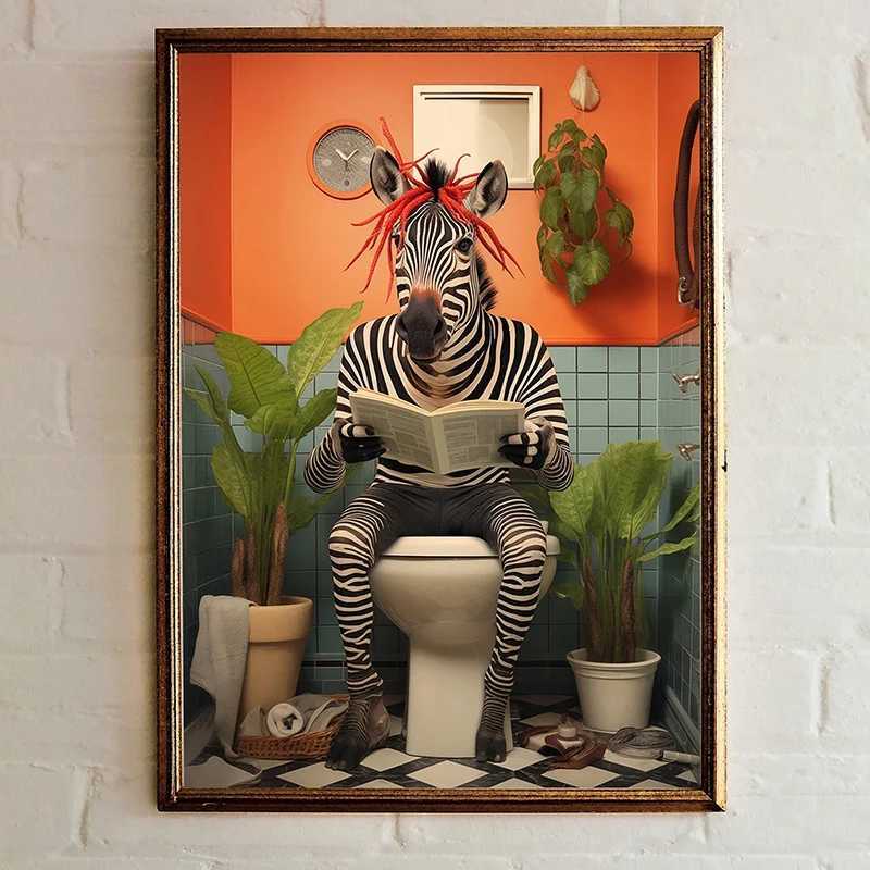 Funny Reading Newspaper on Toilet Tropical Bathroom Art Poster Canvas Painting Wall Prints Picture He Decor Y250122