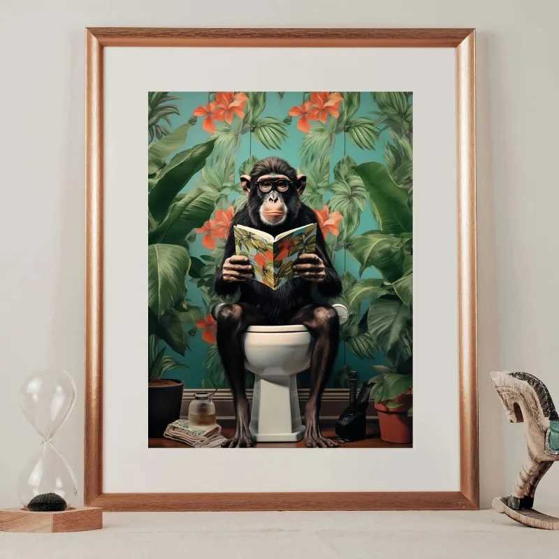 Funny Reading Newspaper on Toilet Tropical Bathroom Art Poster Canvas Painting Wall Prints Picture He Decor Y250122