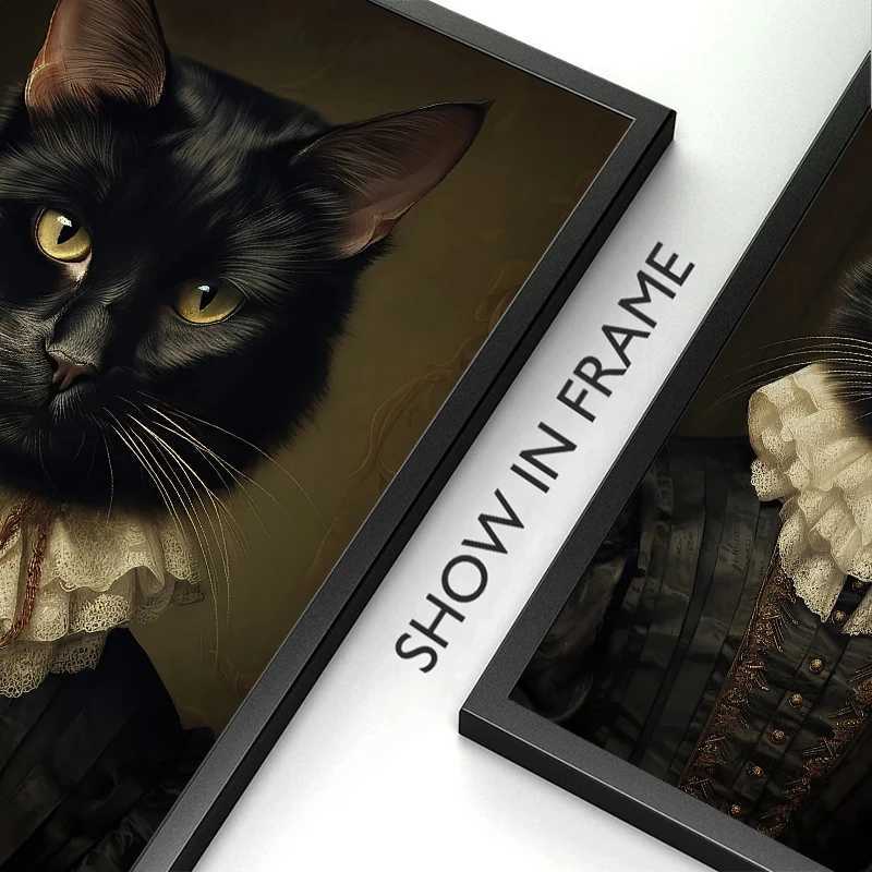 Vintage Renaissance Cat Portrait Black Cat Victorian Gothic Poster Canvas Painting Wall Art for Living With Frameless Decor Y250122