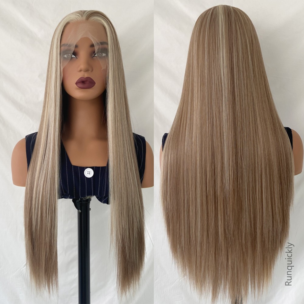 13x4 Lace Front wig Natural Look Like human hair Wigs glueless preplucked wigs natural organic fiber Wig Deep Wave wig Dark Root Silky wigs Blonde gol