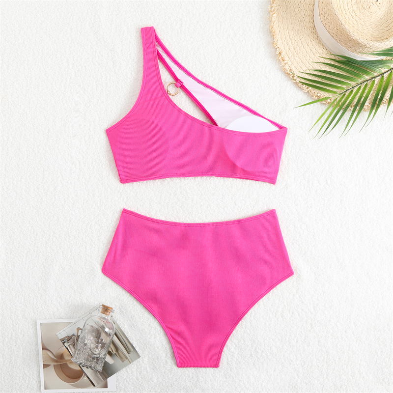 Women O-Ring Cutout Bikini Set Fashion One Shoulder Bikinis Ribbed Swimsuit Solid Colors Female Pool Bather High Waist Swimwear Two Piece Bathing Suit