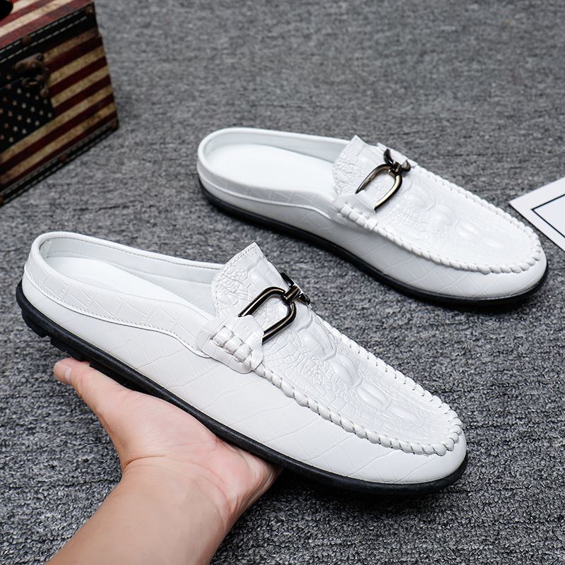 Men's summer half-drag peas Leather shoes Lazy slip-on leather shoes heelless breathable casual men's shoes 2025