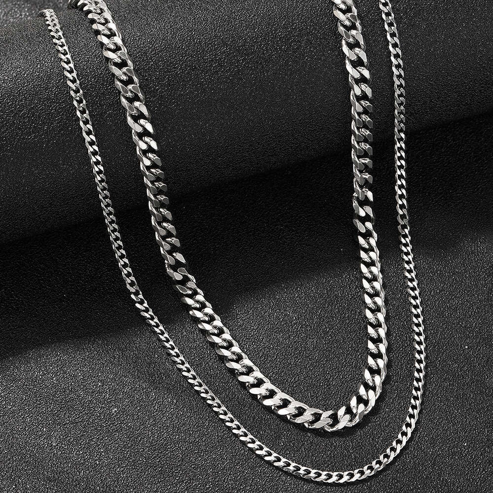 Hot selg six sided polished stainless double-layer necklace, men's hip-hop personality titanium steel long sweater chain accessory