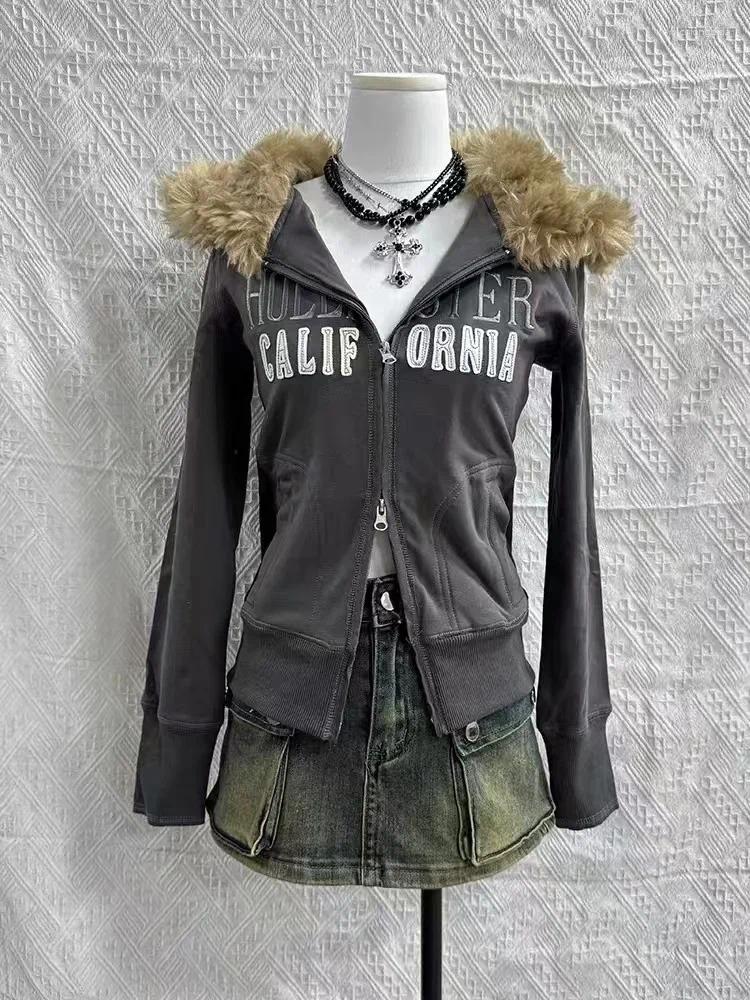 Mens Vintage Fur Collar Skull Print Zipper Sweatshirt, Men's Fashion Hoodies Streetwear Warm Cardigan Loose Winter Hoodie