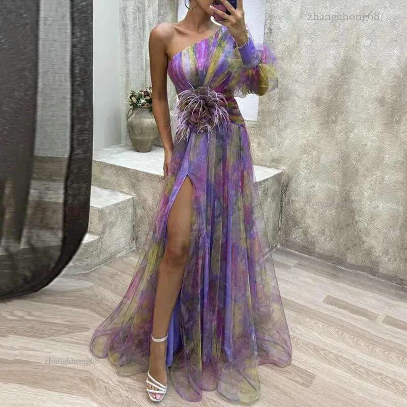 Casual Dresses Large Flower Embellished Evening Dress Sexy A-line Gown Elegant One Shoulder Tie-dye Ball With Mesh Bubble Sleeve