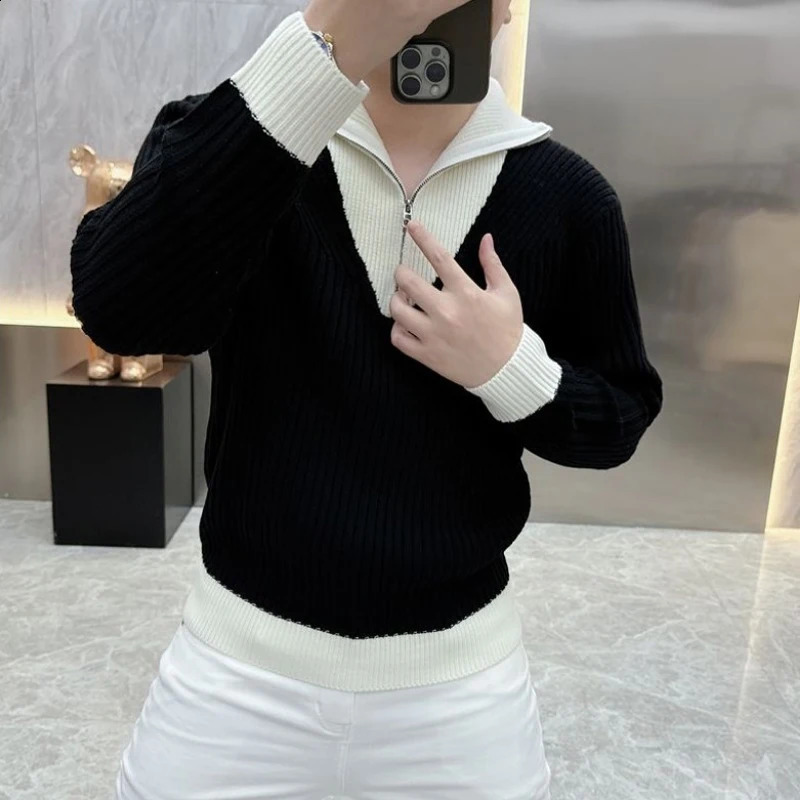 Men Korean Fashion Black White Contrast Color Business Casual Knitted Sweater Half Zipper Polo Collar Long Sleeve Slim Pullovers 250113