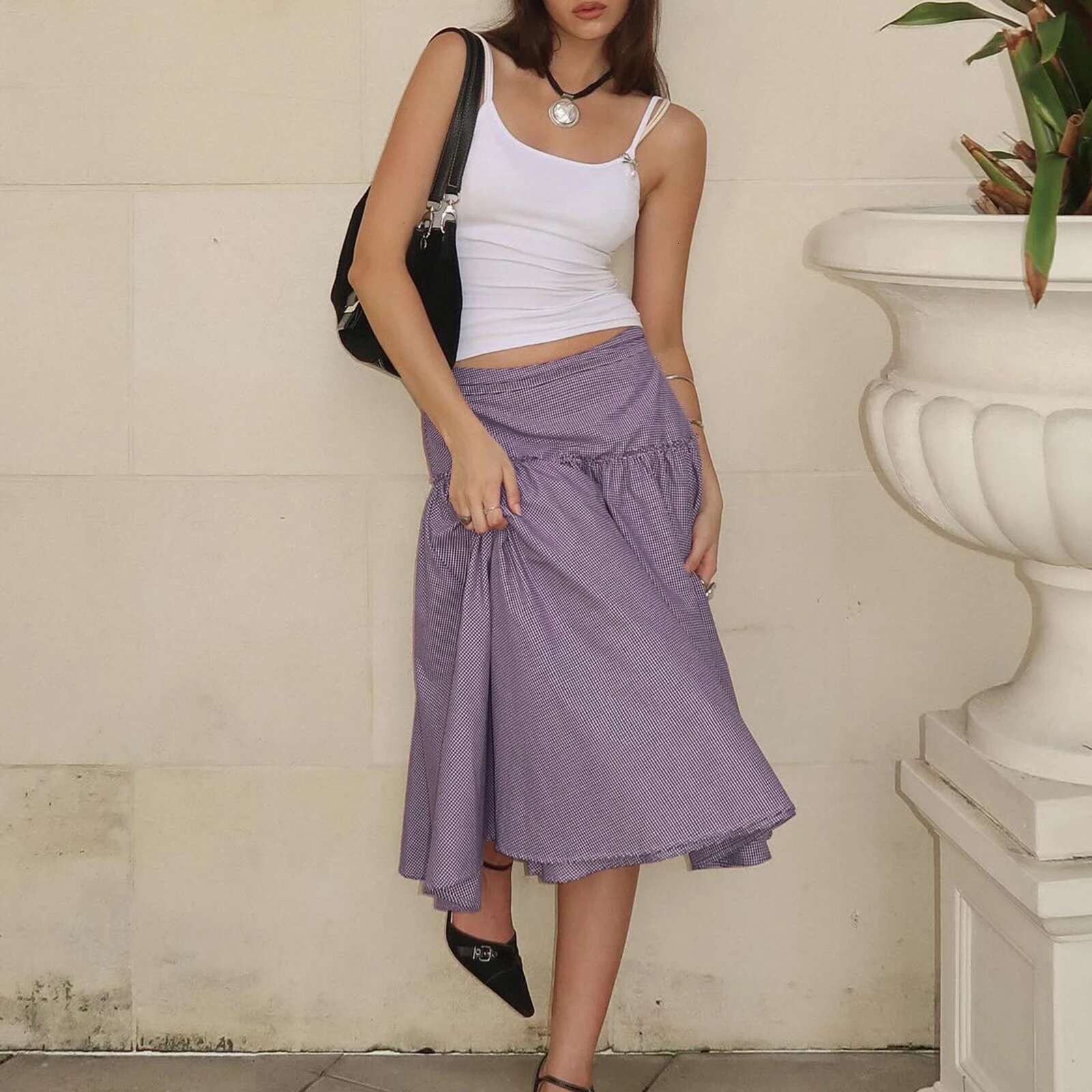 Gaono Women Low Rise Plaid Midi Lace Ruffle Hem A E Vintage Tie Up Gingham Tiered Skirt Going Out Streetwear
