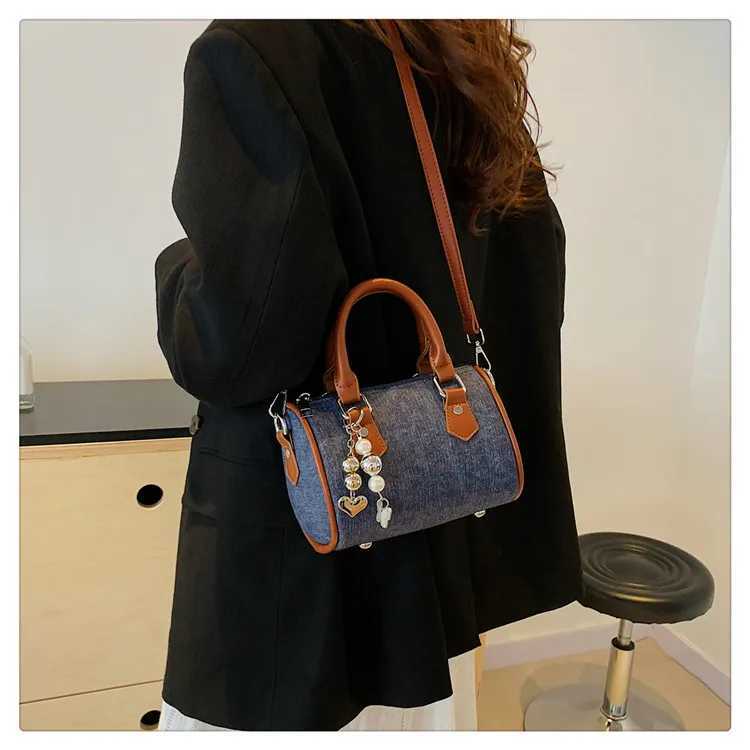 Luxury Designer Beading PU and Denim Patchwork Womens Handbag Casual Crossbody Bag Pillow Tote Y250324