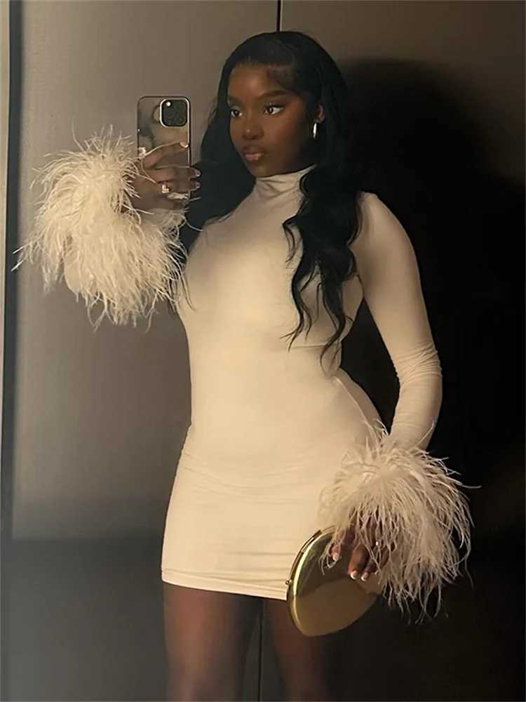 Basic Casual Dresses Weird Puss Feather Patchwork Dress Women Autumn Trend o-Neck Skinny Stretch Classic Solid Strtwear Full Slve Long Bodycon H25121