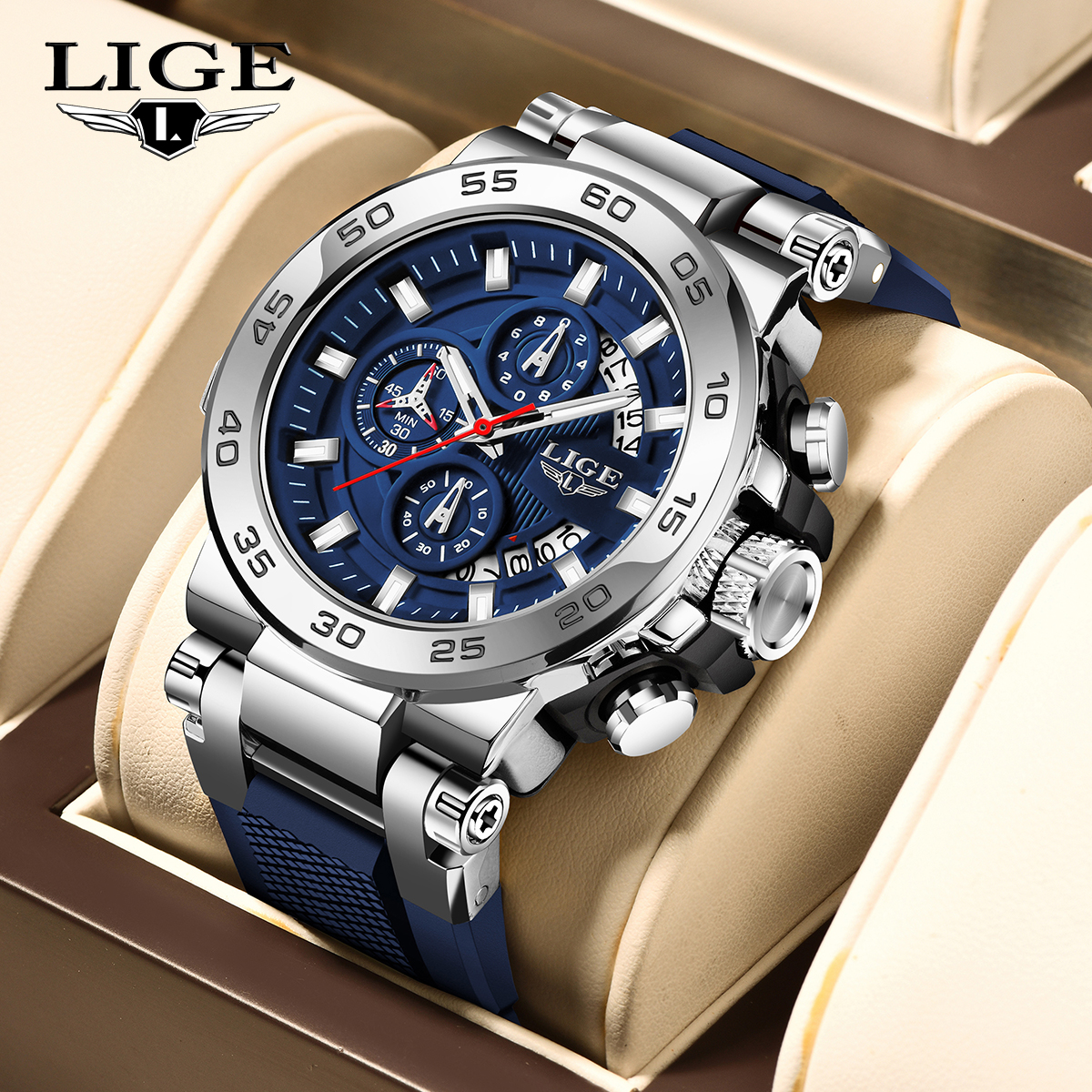 LIGE Men's Quartz Watch Multi-function Chronograph Men's Sports Watch Life waterproof premium three-eye six-pin watch Watch for teenagers an